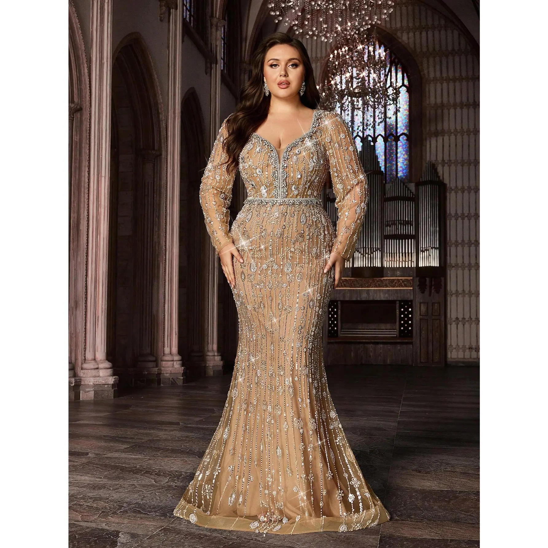 Long Sleeve Surplice V-Neck Beaded Mermaid Gown, Decorated Waistband Plus Size Formal Dress