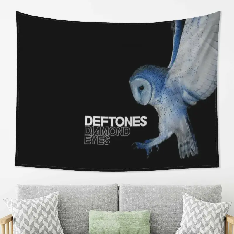 Blue Owl Alternative Album Art Tapestry, Flying Pale Owl with Diamond Eyes Music Title on Black Background Wall Hanging for Bedroom Dorm Music Room Studio, Dark Alternative Rock Home Decor Wall Art, Peach Skin Fabric, Multiple Sizes Available