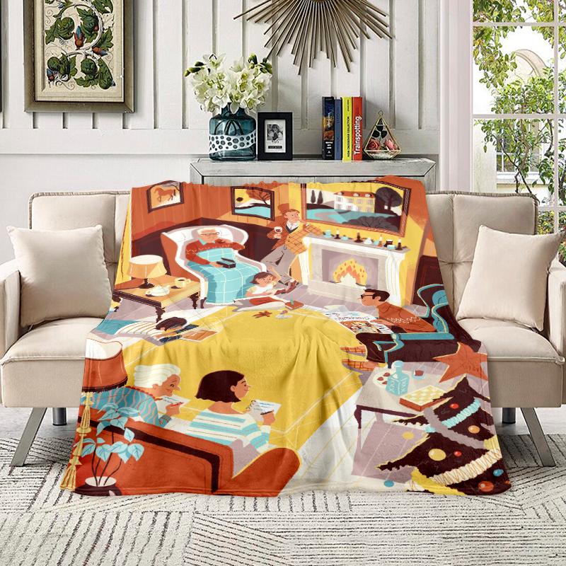 Soft Flannel Throw Blanket, Cozy Christmas Family Gathering Illustration Art Blanket, Warm Retro Holiday Home Scene Blanket for Couch Bed, Aesthetic Family Christmas Decorative Blanket Gift for Home & Travel