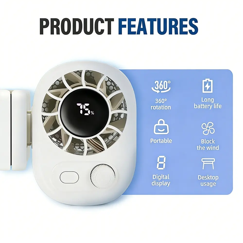 Outdoor Clip-on Fan, 1400mAh Rechargeable Mini Fan, Hurricane-Level Strong Wind, 360° Adjustable, Digital Display, Ideal for Umbrella, Construction Work, Chef, Delivery Workers