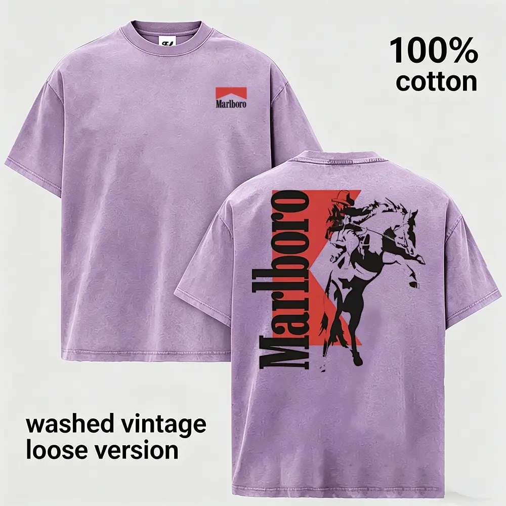 Plus-Size Men's Purple Washed Vintage Cotton Loose T-Shirt – Western Cowboy Rider Print & Equestrian Graphic – Streetwear Casual Top
