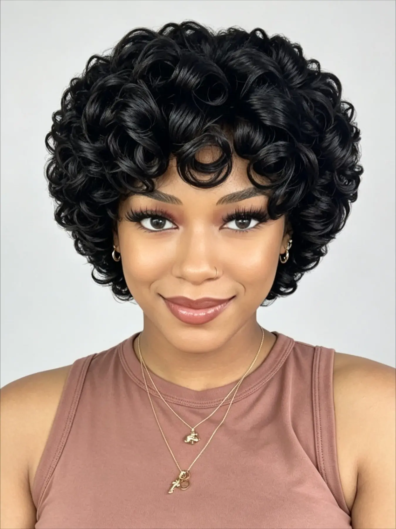 Ready-to-Wear Glueless Short Curly Wig, 8in Loose Egg Curl Pixie Cut Bob, Fluffy Voluminous Human Hair Wig with Fringe, Stable Machine Crafted Brazilian Hair for Daily Looks