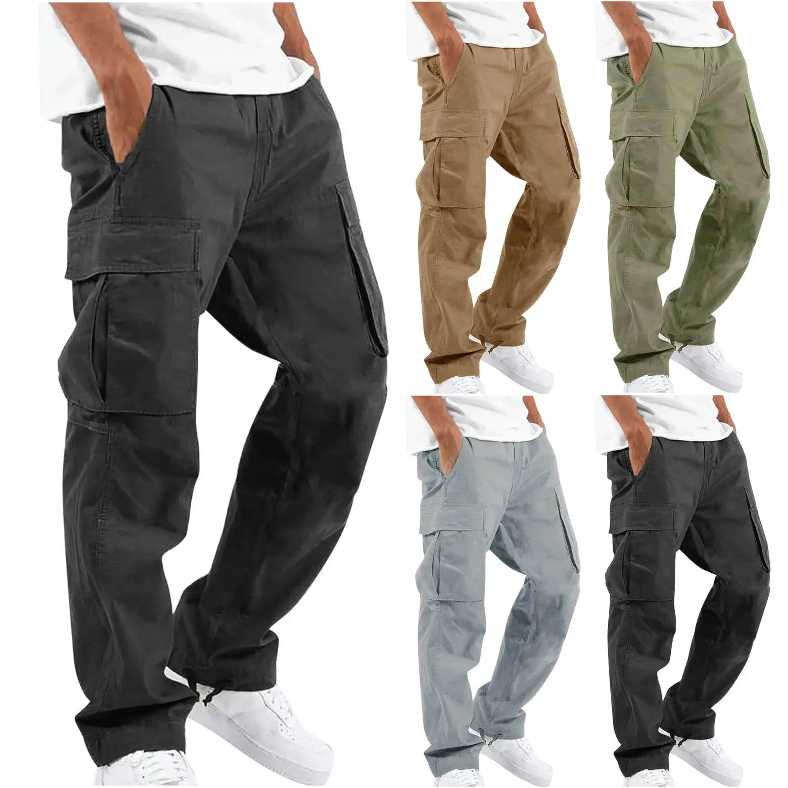 Men's Ripstop Cargo Pants, Loose Fit Multi‑Pocket Work Tactical Pants, Drawstring Cuff Casual Outdoor Trousers, Multi‑Color Available