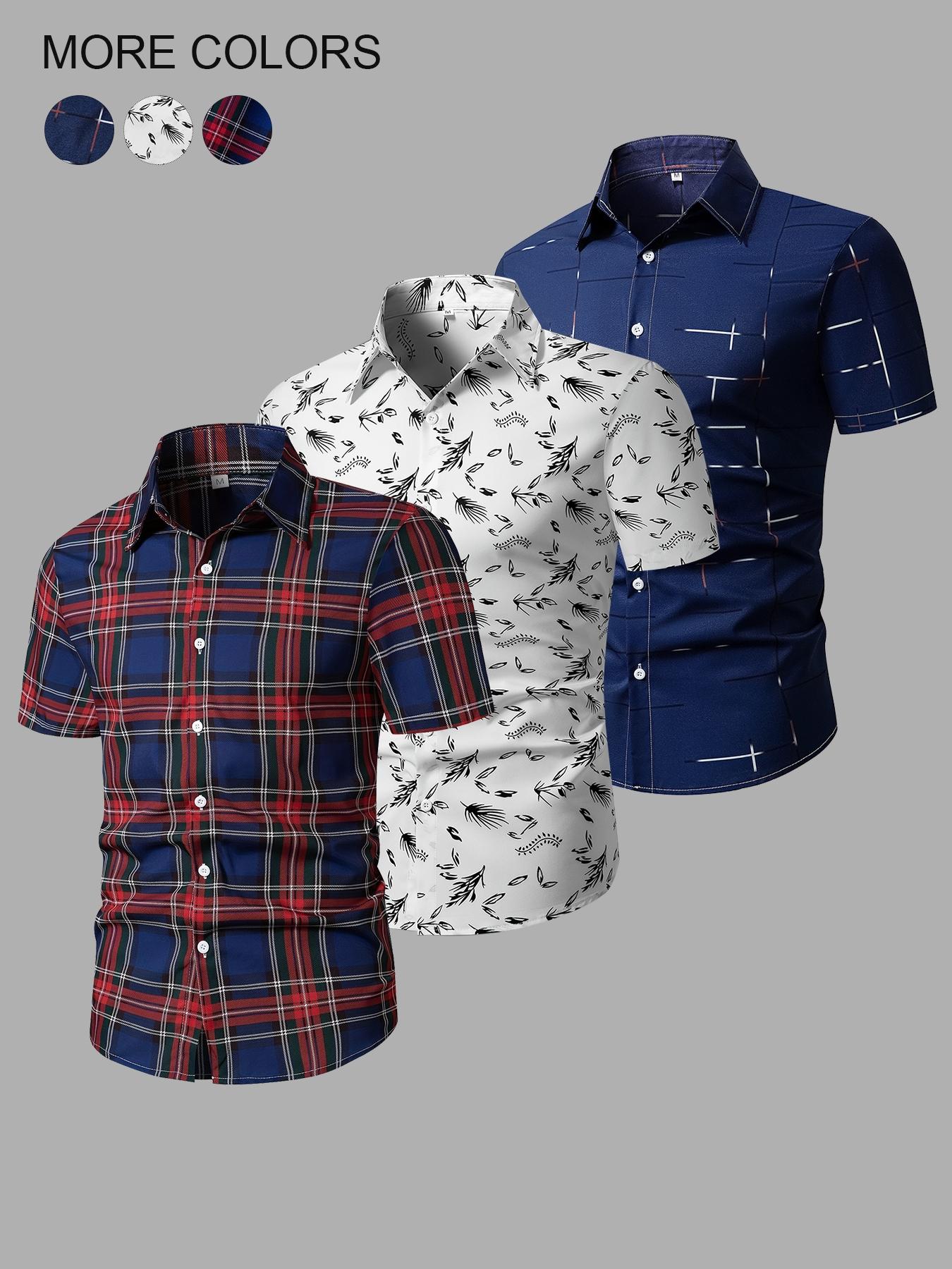 Men's Random Plaid Print Short Sleeve Shirt, Casual Party Shirt, Casual Regular Fit Button Collared Top for Summer, Men's Clothes for Daily Wear