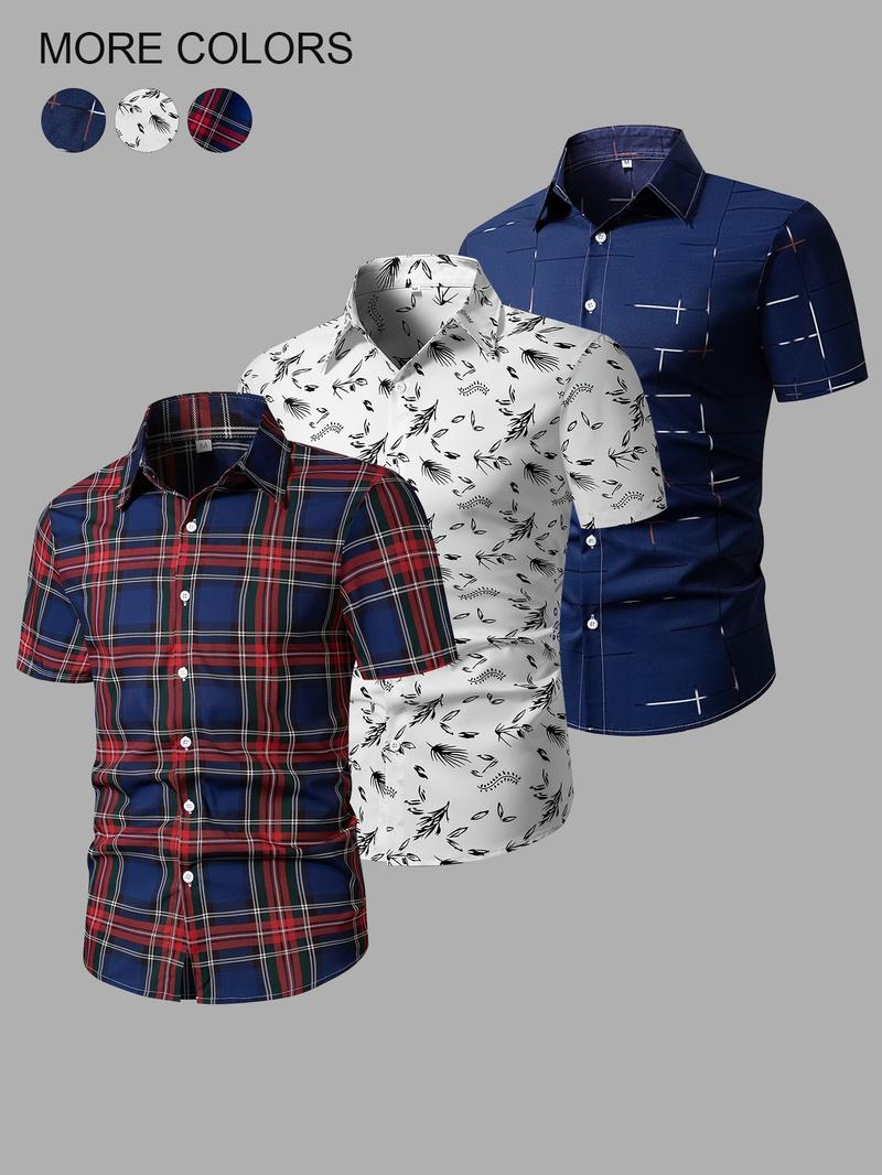 Men's Random Plaid Print Short Sleeve Shirt, Casual Party Shirt, Casual Regular Fit Button Collared Top for Summer, Men's Clothes for Daily Wear