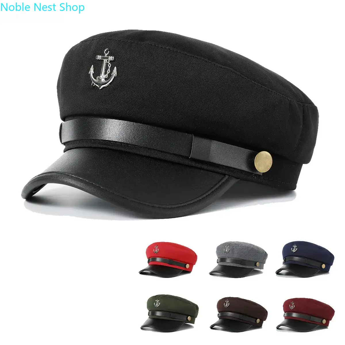 Retro Nautical Baker Boy Cap for Women, Military-Inspired Newsboy Hat with Navy Anchor Emblem, Casual, Blue
