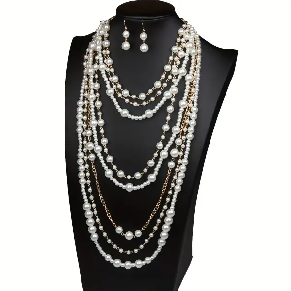 Women's 2-Piece Elegant Layered Costume Jewelry Set - Vintage Exaggerated Multi-Layer Imitation Pearl Sweater Necklace & Drop Earrings, Bridal Accessory for Weddings, Plain Beads, Elegant Jewelry Set