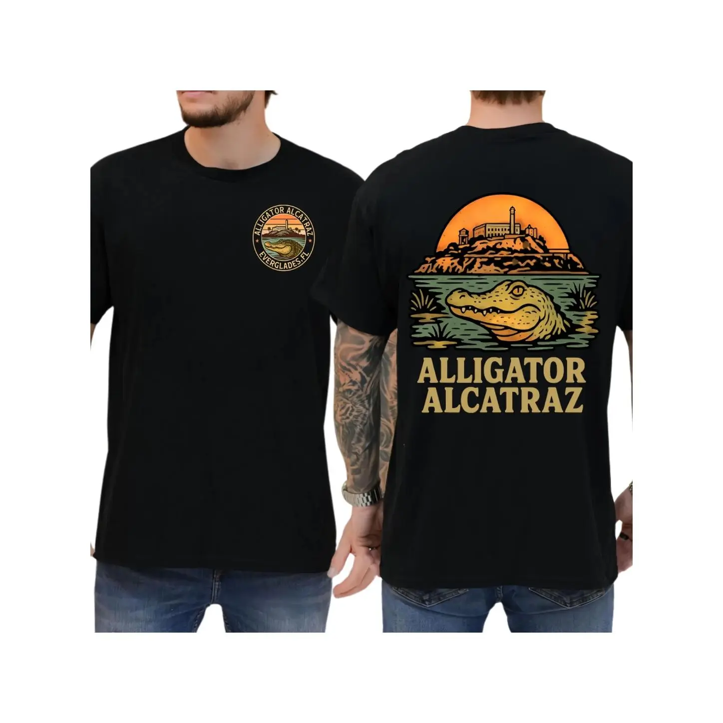 Unisex Shortsleeve Round Neck Alligator Alcatraz Graphic Tee - Funny Retro Florida Gator Prison Shirt, Dark Humor Menswear Gift for Men