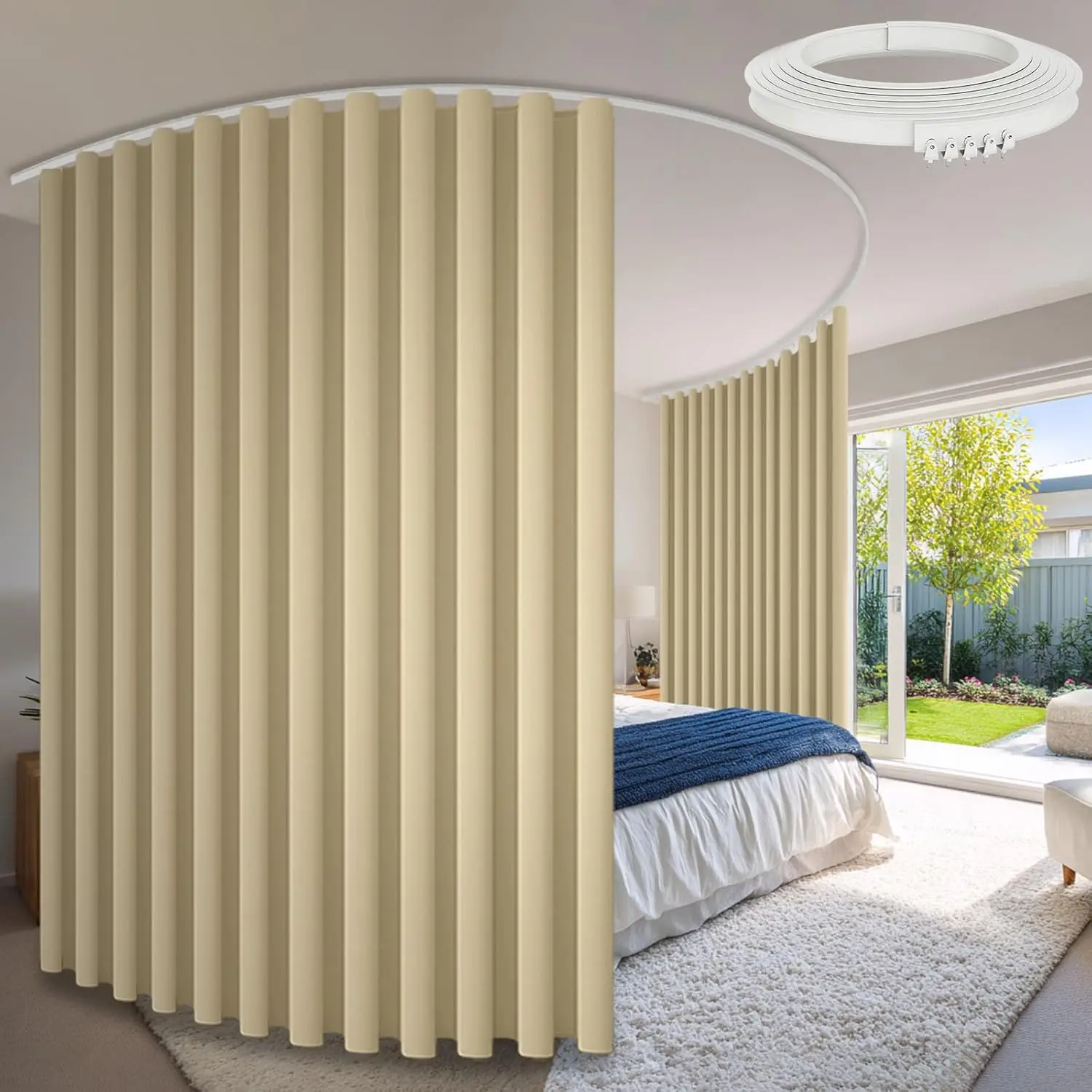 Room Divider Curtains & Flexible Bendable Tracks Set, Dividers Ceiling Track Curtain Window Blackout Curtains for Living Room Bedroom (W100 x H96 in 2 Panels Beige Drape & White Rail)