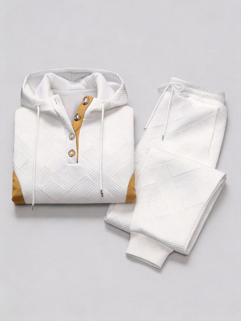 Men's 2-Piece Beige Tracksuit (Hoodie & Joggers) - Diamond Texture, Half-Button Placket (Brown Accent), Casual Stylish Outfit