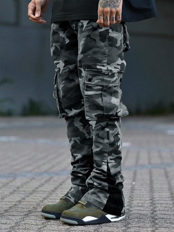 Men's New Camo Pants Fashion Outdoor Wide Leg Pants Large Pockets Decorative Woven Flare Pants Suitable for Young Casual Wear