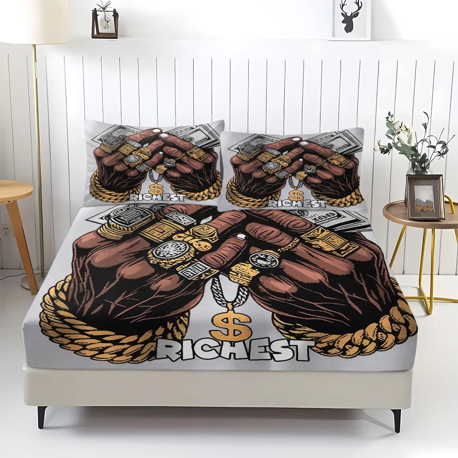 3Pcs Richest Dollar Gold‑Chain Hand Fitted Sheet Set, Hip‑Hop Digital Print Bed Sheet Set Bedding Set (1 Fitted Sheet + 2 Pillowcases, No Fillers), Deep‑Pocket Anti‑Slip, Soft Breathable, Ideal for Bedrooms, Dormitories and Home Décor.
