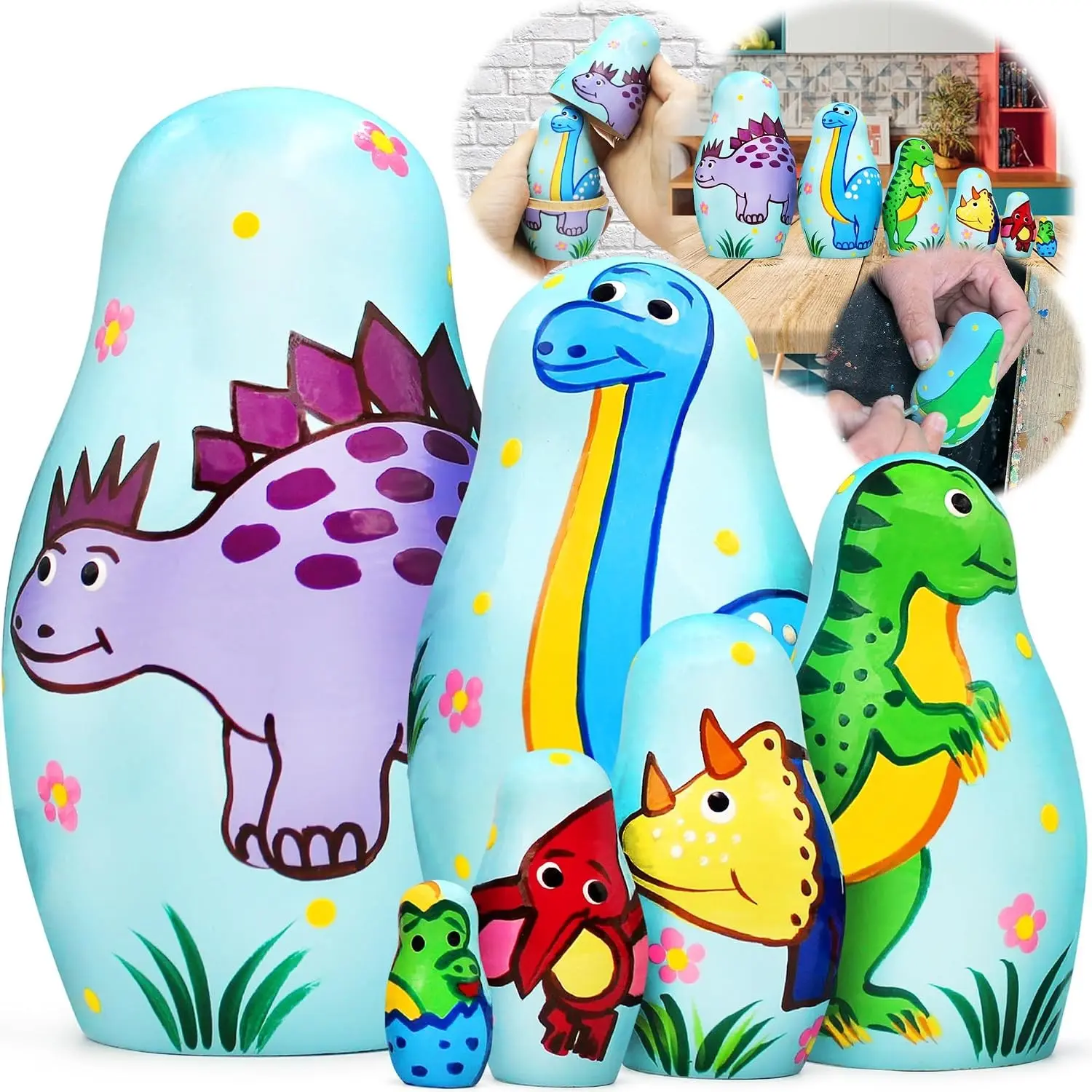 Stacking Dinosaur Nesting Dolls Set 6 pcs - Dinosaur Decor for Dinosaur Lovers - Matryoshka Style Wooden Dinosaur Figurines Dino Decorations