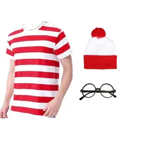 Cartoon Wheres Waldo Cosplay Costumes Wally Short Sleeved T-shirt Hat Glasses Set Socks Halloween Christmas Cosplay Stage Prop