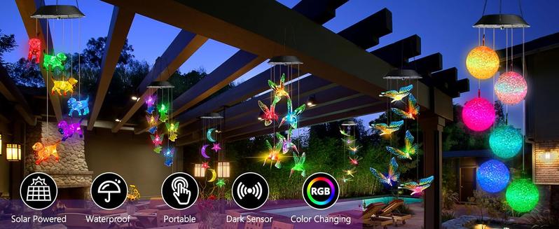Solar-powered outdoor LED color-changing spherical wind chime light, 6-LED waterproof decorative hanging lamp, a perfect gift for women and children, suitable for porches, patios, windows, and balconies.
