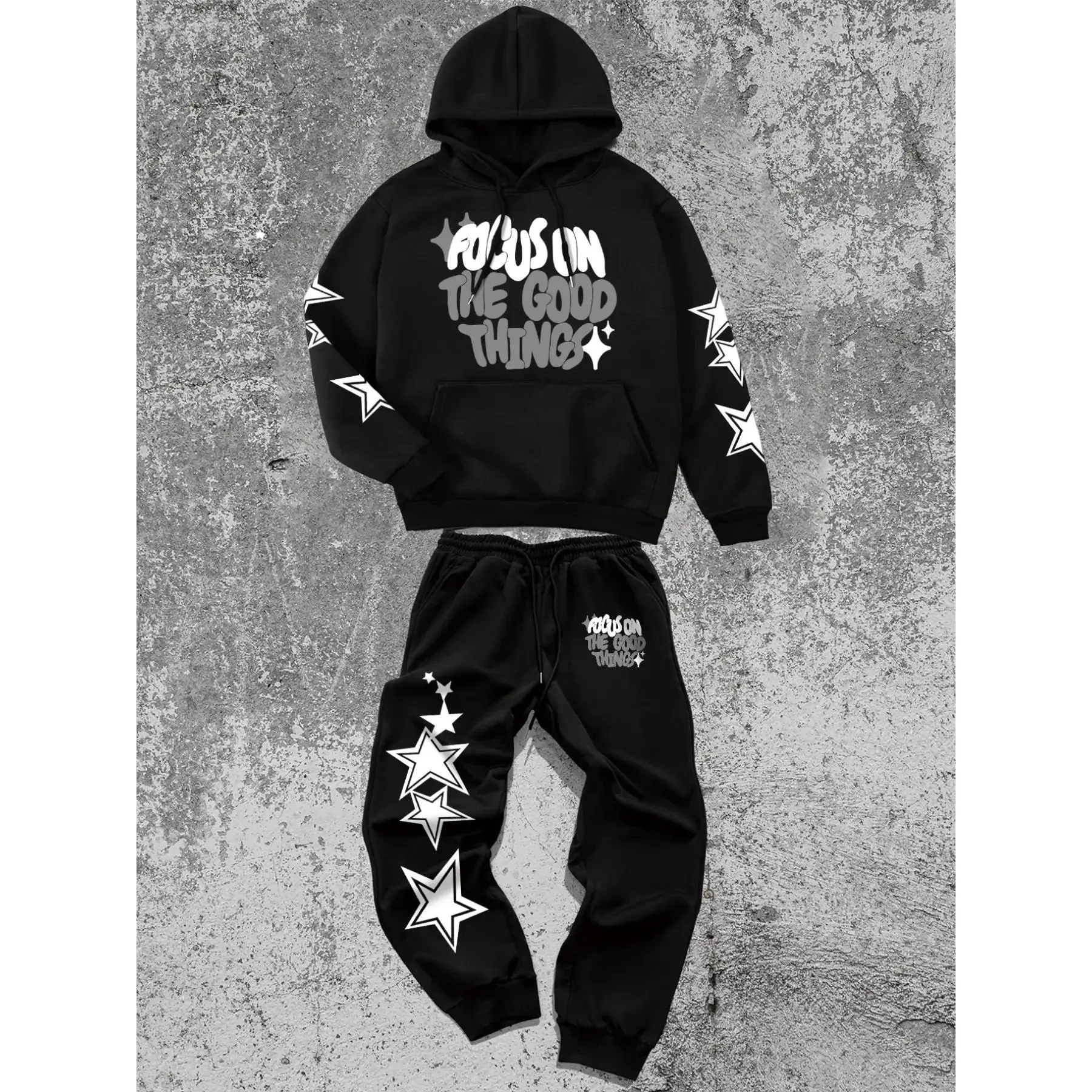 Men's Fall Winter 2-Piece Set Thick American Style Star Letter Print Hoodie + Star Pattern Pants, Two Piece Set Long Sleeve Fitted Streetwear Menswear Fashion Clothes Sweatsuit Set Hooded Sweatshirt Set