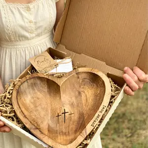 Creative Heart Bowl with Engraved Text, Wooden Craft, 3D Prayer Bowl, Religious Decoration, Prayer Room Decor, Home and Church Use, Easter Gift
