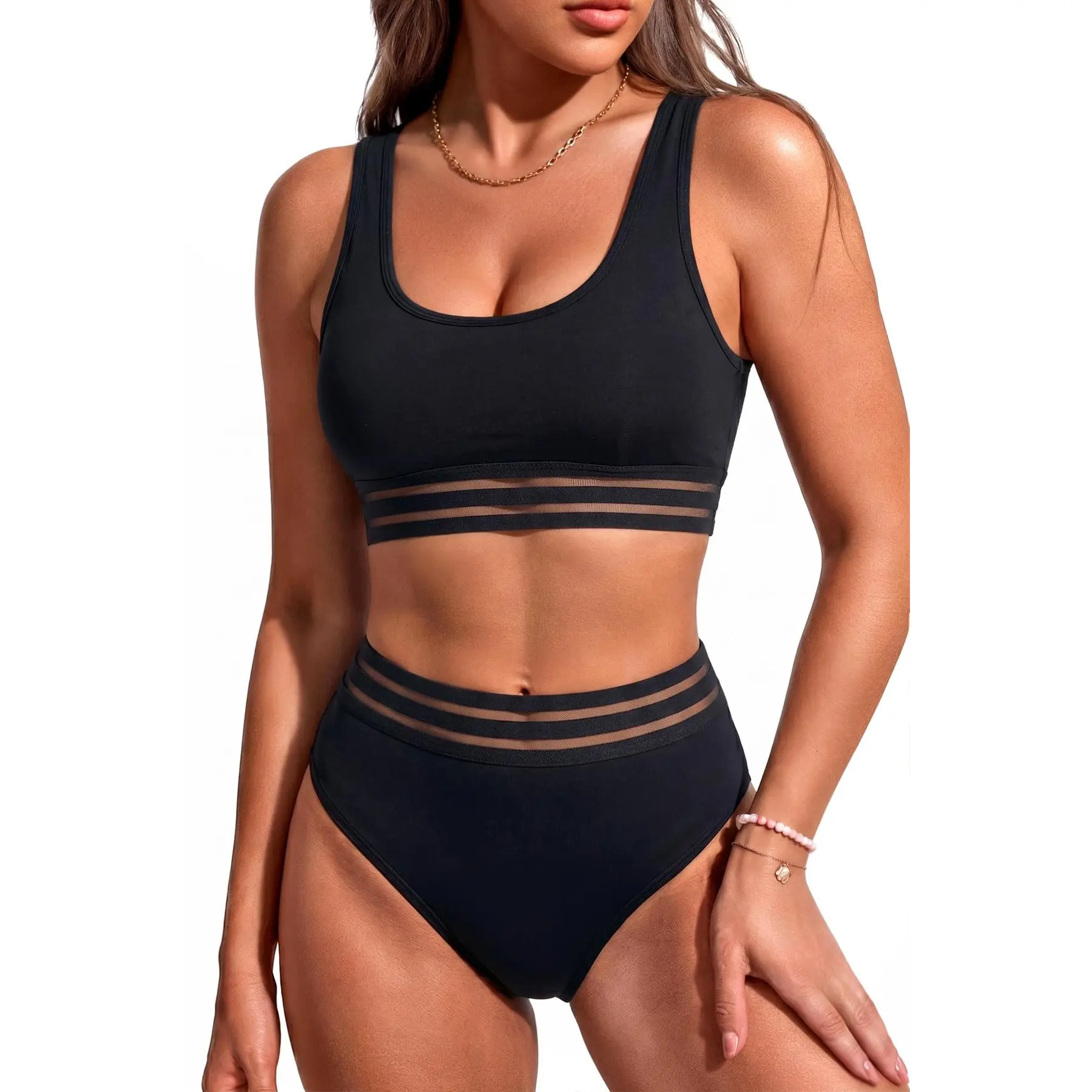 Tempt Me Women Two Piece Scoop Neck Bikini Crop Top Swimsuit Sporty High Waisted Bathing Suit