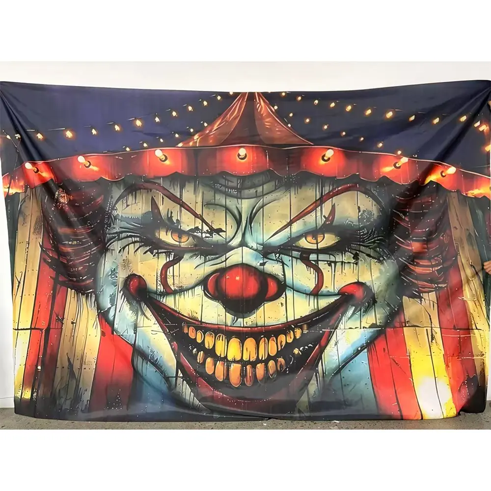 1pc Halloween party backdrop banner, made of polyester material, with a background image of a creepy circus clown, suitable for indoor and outdoor decoration, festival decoration, Halloween party decoration, and photography background decoration