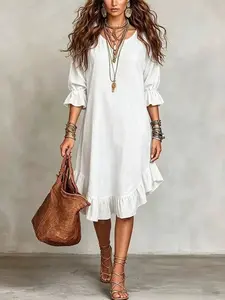 Boho Round Neck Ruffle Seven-Quarter Sleeve Dress, Loose Fit Flowy Midi Vacation Dress, Comfortable and Stylish Summer