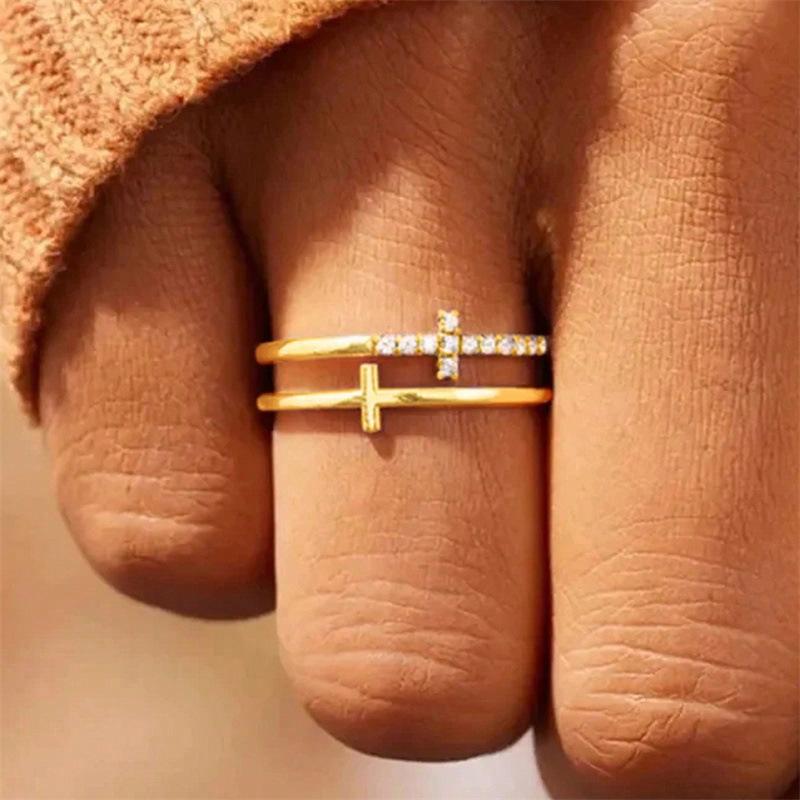 Double Layer Cross Ring for Women | Minimalist Ins Style CZ Statement Jewelry
