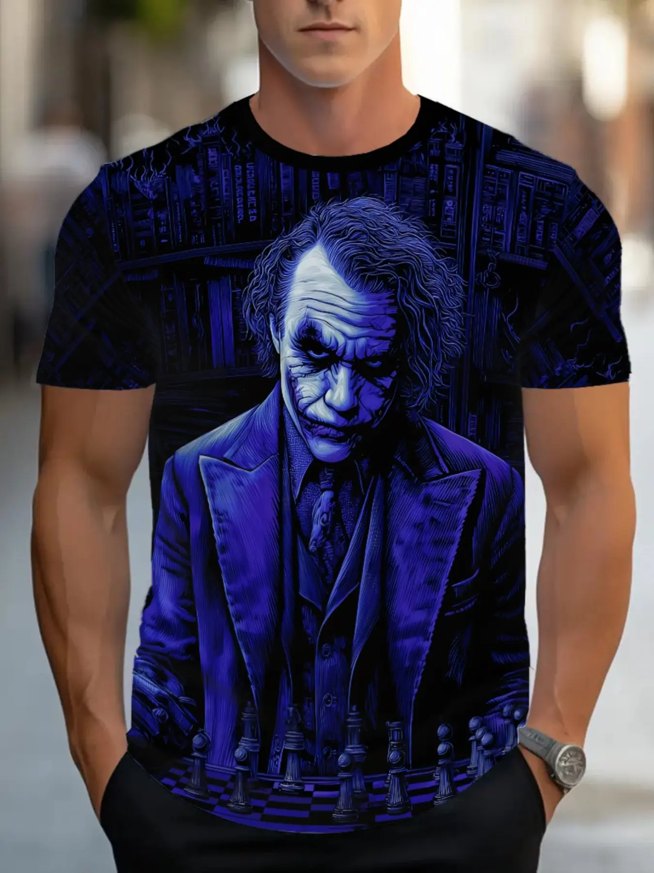 Warner Bros Men's Dark Blue Joker Chess Print T-Shirt, Gothic Movie Character Pattern, Casual Streetwear Short Sleeve Top