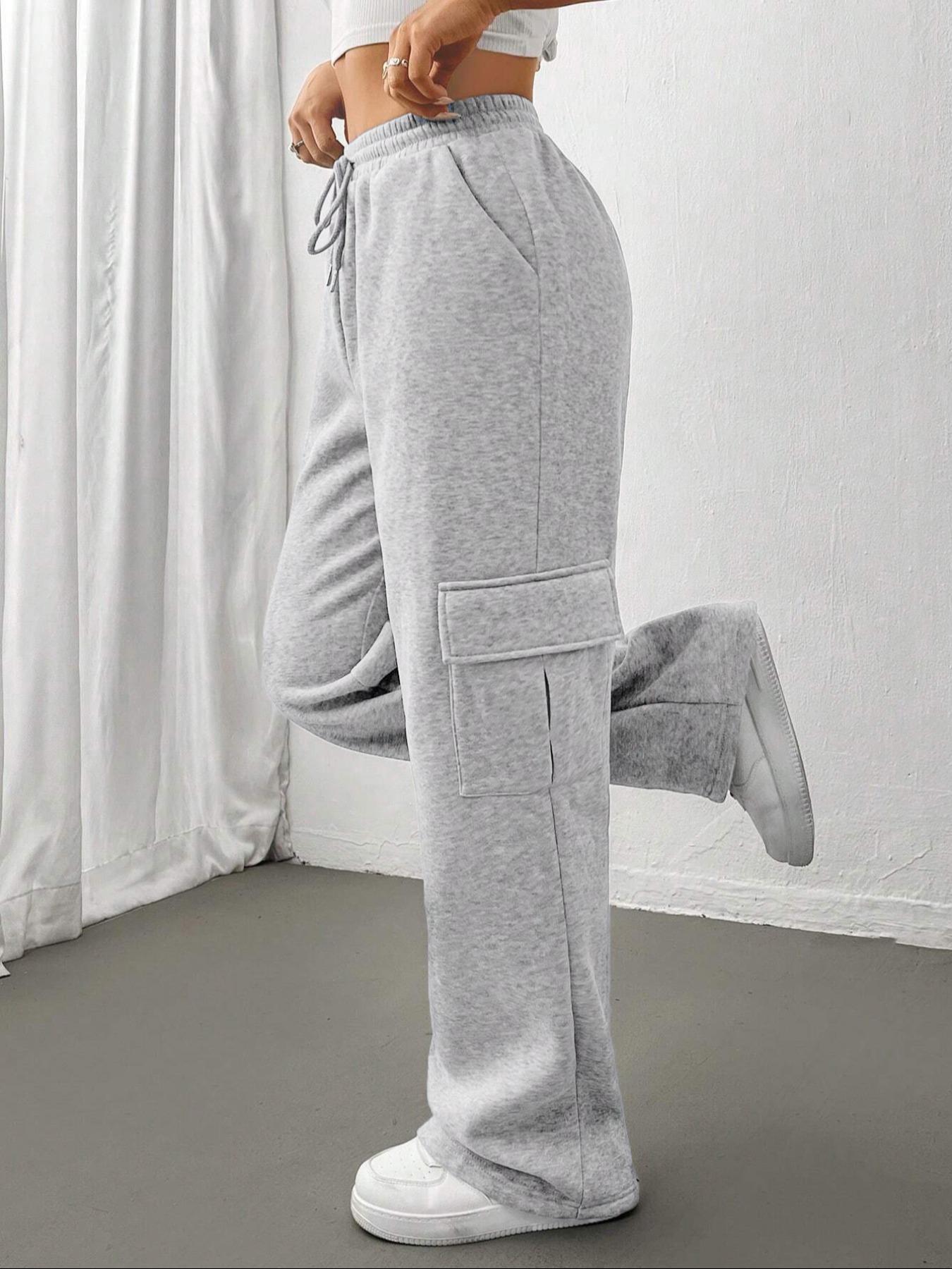 Women's Autumn Winter Fleece-Lined Side Pocket Sweatpants, Loose Fit Casual Fashion Straight Leg Long Pants for Daily Wear