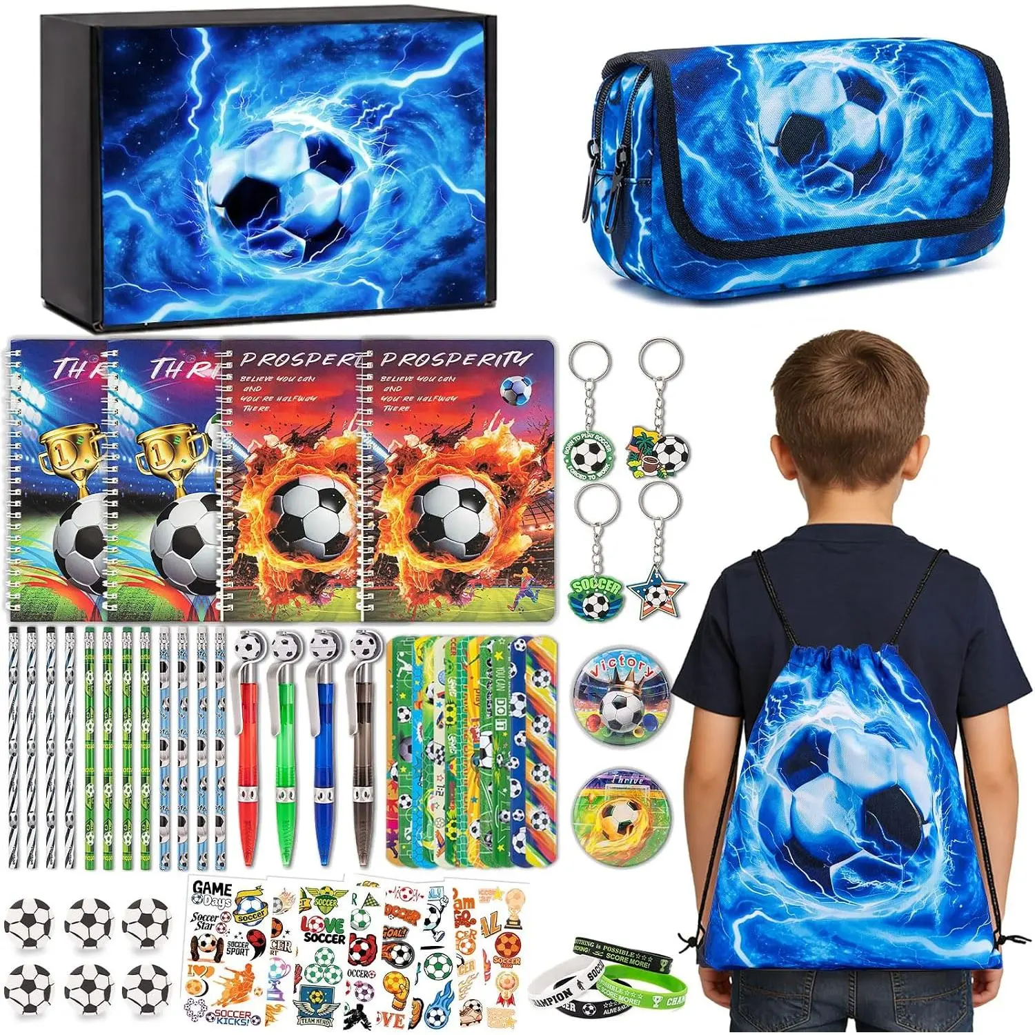 61 count Soccer School Supplies Set for  Boys, Teen  to School stationery Supplies with Pencil Case Drawstring Bag Spiral Notebooks Pens Pencils Tattoos Wristbands  Box