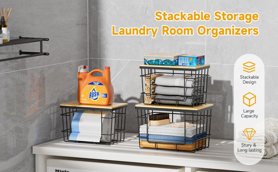 2 Pack Storage Stackable Kitchen Laundry Organizers with Bamboo Top, Large Trash Bag Holder and Standard Garbage Bag Dispenser,Storage Stackable Kitchen Laundry Organizers with Bamboo Top, Large Trash Bag Holder and Standard Garbage Bag Dispenser
