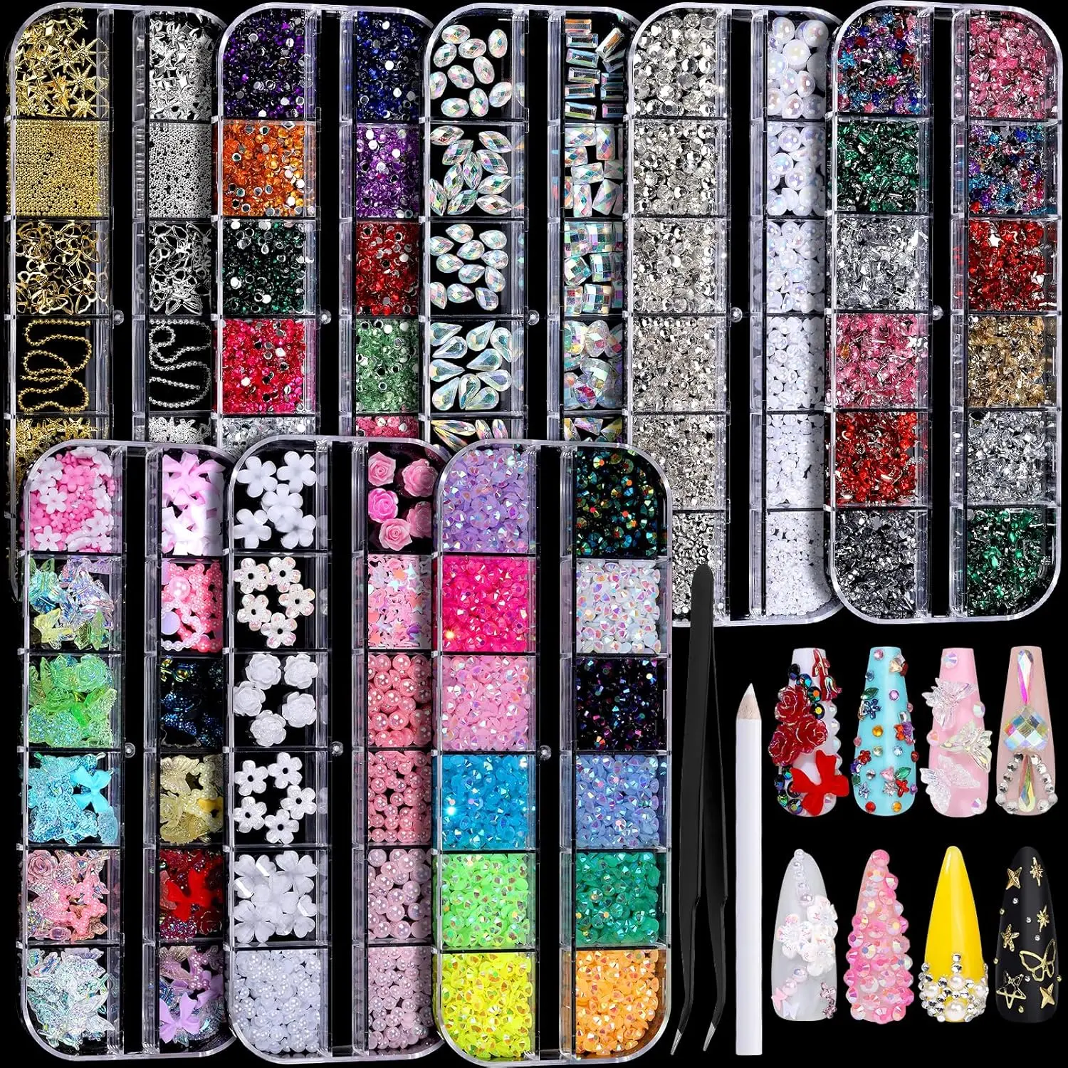 Nail Charms, Nail Rhinestones Kit with 8 Boxes of Nail Gems, Bedazzling Kit for Nails, Colorful Clear Flatback Rhinestones, Charms Y2K for Nails, Multi Shape Nail Art Accessories for Crafts