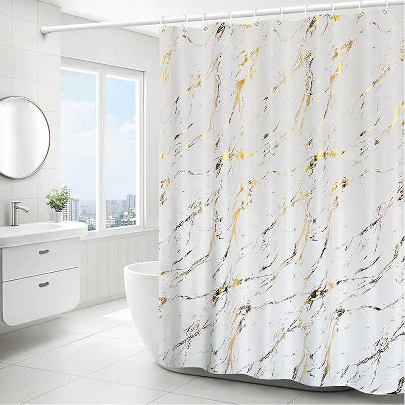 Tri-color marble pattern gold silver adhesive shower curtain, 1 waterproof shower curtain, waterproof and moisture-proof, suitable for home, hotel, beauty salon or dormitory bathroom decoration cortina magnet design