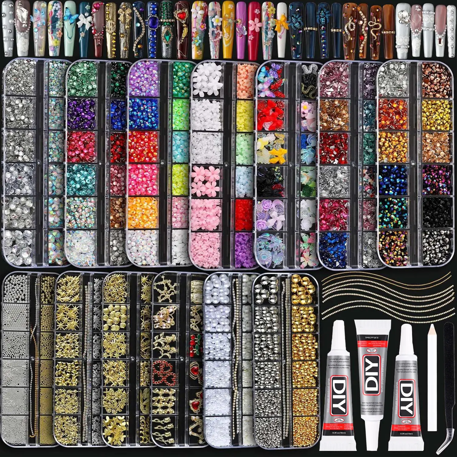 1Set 3D Bedazzling Semi-circular Flatback Rhinestone Pearls Nail Kit, Nail Gems,13Boxes Multi-style Alloy Cross Heart Resin Bow Flowers Mixed for DIY Nails Art Supplies Bling Rhinestone Decoration