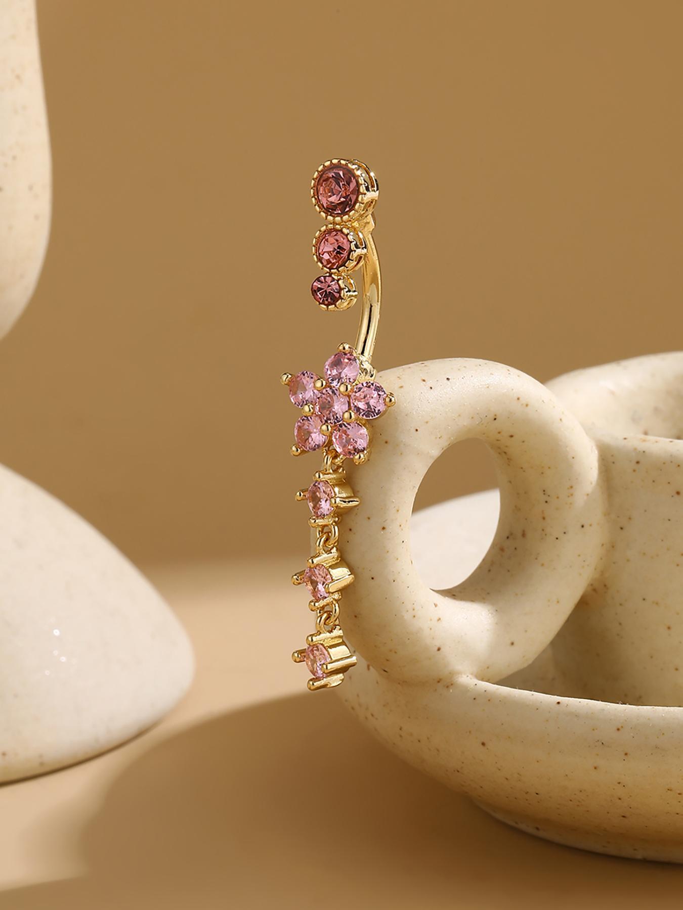 Flower Design Belly Ring, Elegant Rhinestone Decor Belly Piercing Jewelry for Women, Chic Body Jewelry, Fashion Accessories for Party, Daily Clothing Decor