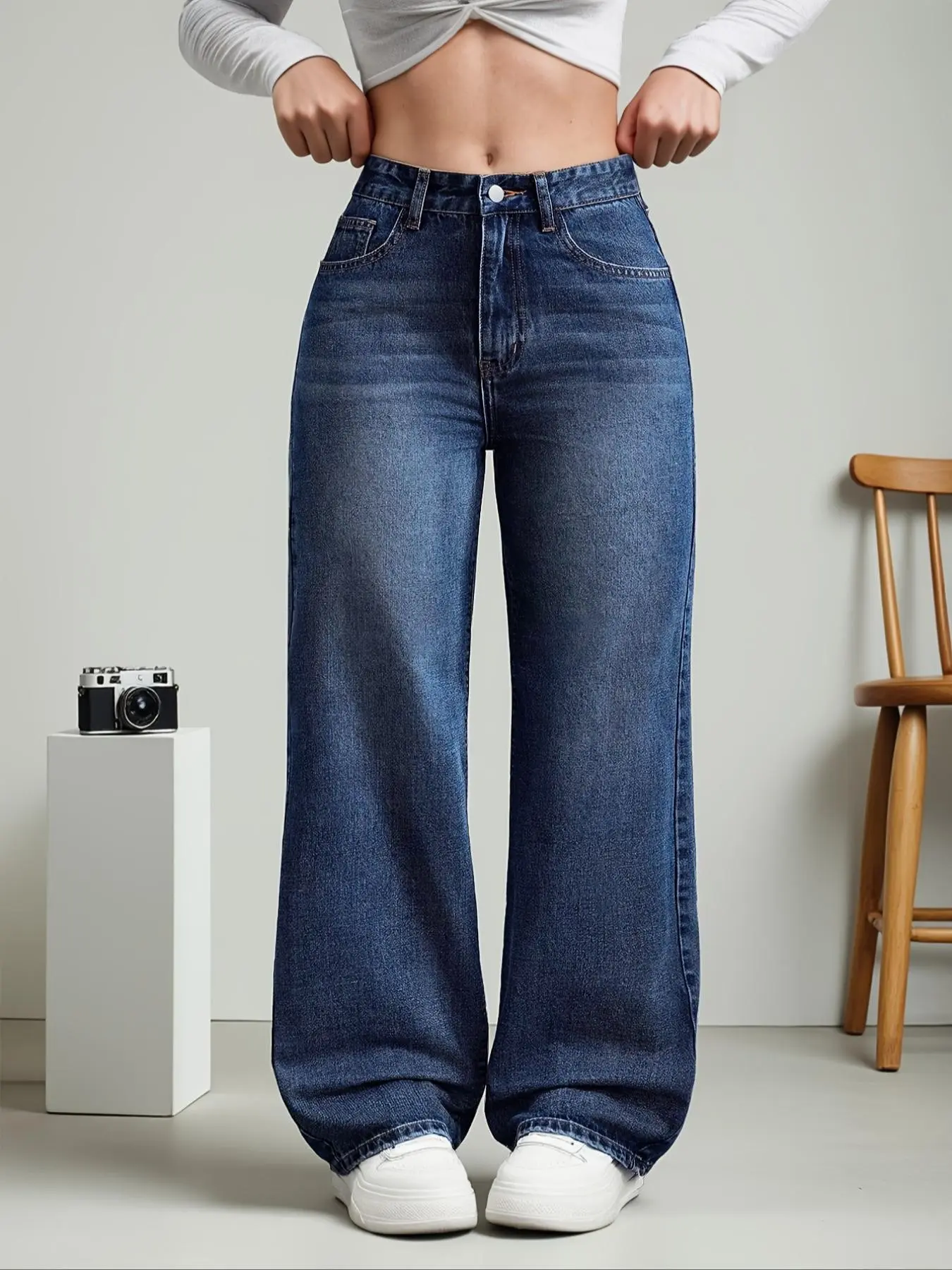 Fashion Vintage Washed Wide Leg Plus Size Jeans Pants, Loose Vintage Jeans, Comfortable Denim Long Trousers for Women, Chic Stylish Retro Casual Style