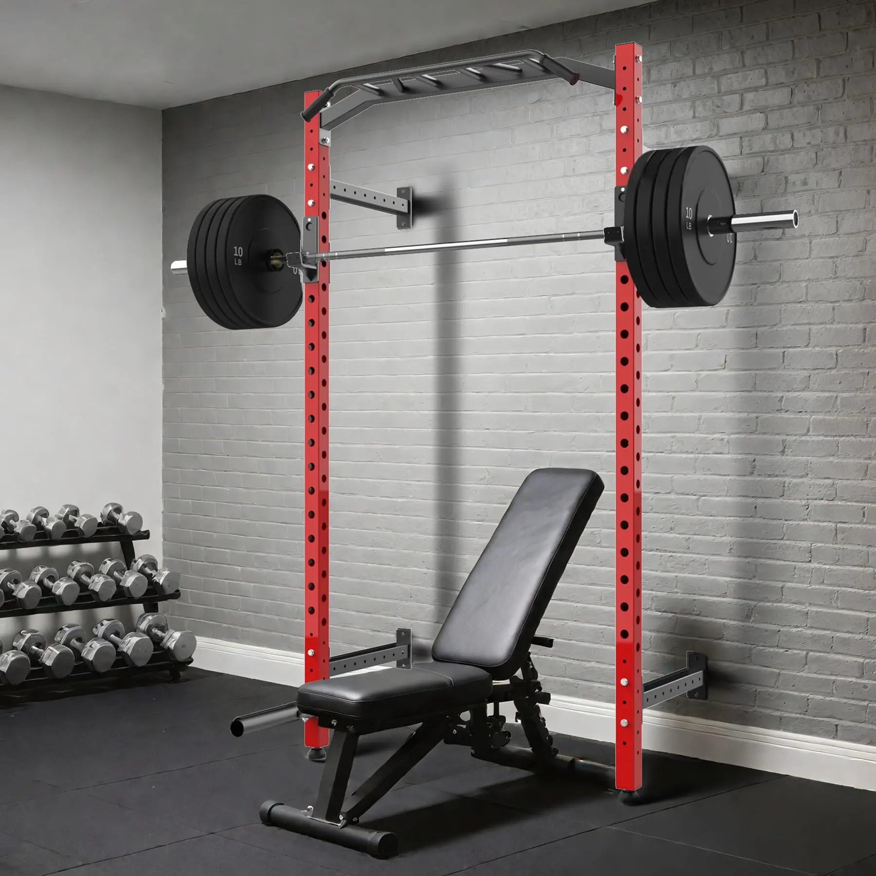 Heavy-Duty 1600LB Wall Mounted Power Rack Only, Commercial Squat Rack Equipped with Multi-Grip Pull Up Bar, J-Cups and Landmine Attachment, Space-Saving Strength Training Equipment for Garage and Home
