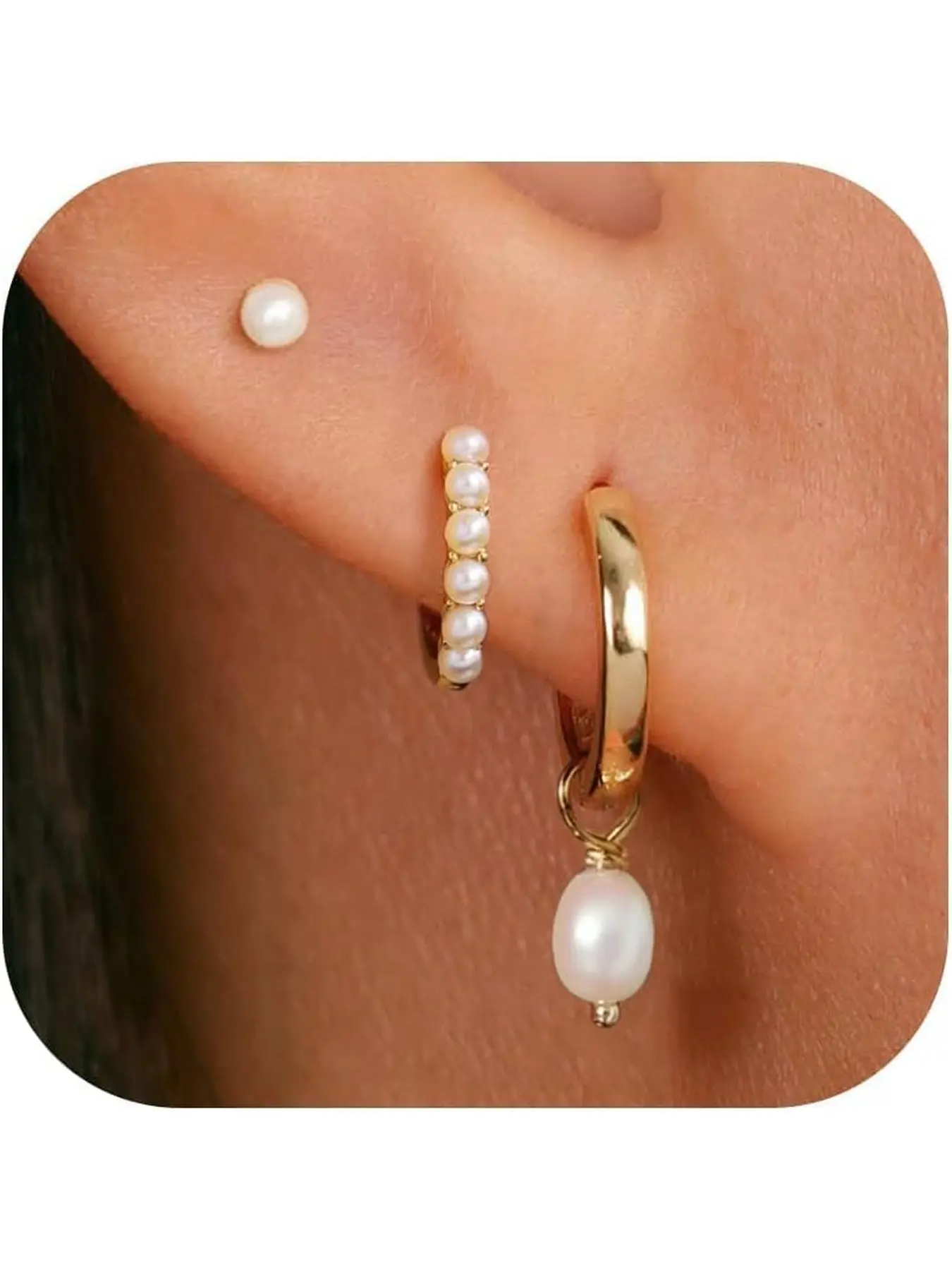 3pcs Golden Earring Stacks, Golden Pearl Earring Set Jewelry Gift for Women, Hypoallergenic, Her, Everday, Stackable, Simple