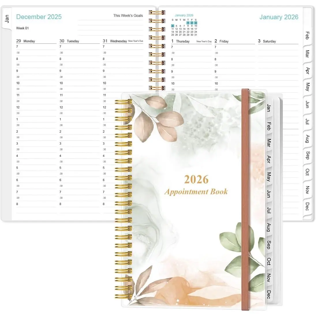 2026 Appointment Book & Planner - 2026 Daily Hourly Planner from January 2026 - December 2026, Weekly Appointment Book with 30-Minute Interval, Medium 6.4" x 8.5", Rose Leaf