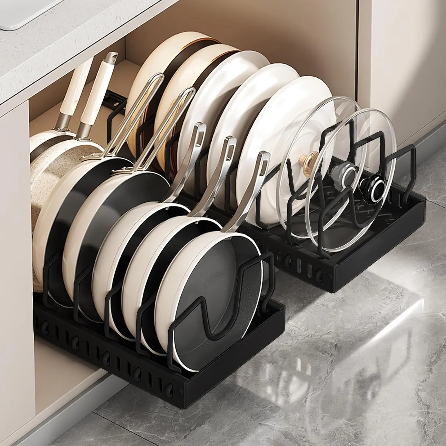 2 Pack Pull Out Cabinet Organizer for Pots and Pans, Black Storage Rack with 8 Adjustable Dividers, Kitchen Cabinet Organizer for Pot Lids, Bakeware, Dishes Storage