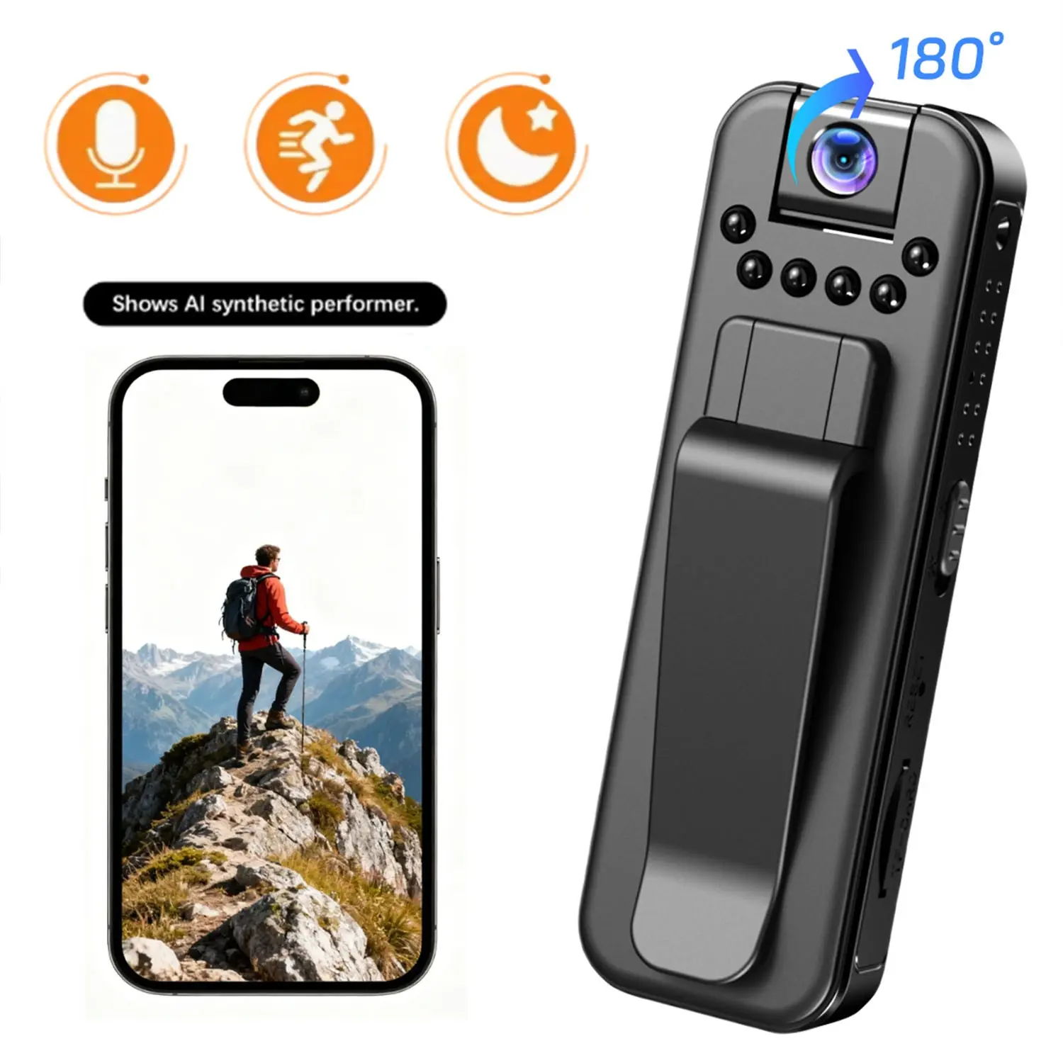 Mini Action Camera, Thumb Body Cam with 180° HD Rotating Lens,  Loop Recording and IR Night Vision, , Wearable Design for Sports & Vlogging，Portable POV Cam, Hands Free.