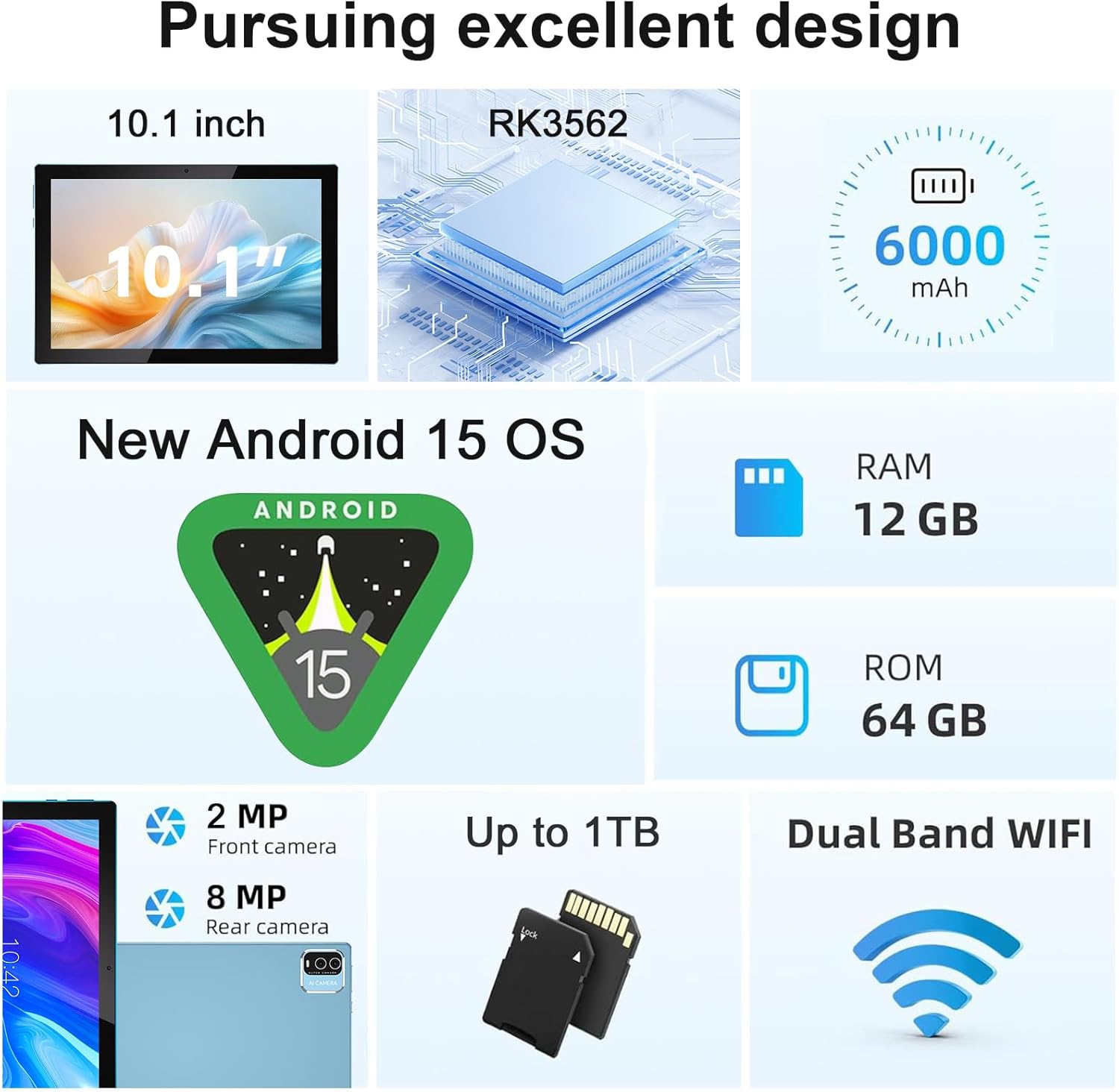 10 Inch Tablet Android 15 Tablets with Keyboard 64GB ROM+12GB RAM(4+8 expansion) Supports 1TB Expansion 2MP+8MP Dual Camera 6000mAh 5G WiFi-6 Tableta, 2 IN 1 Tablets with Mouse/Case/Stylus/ Keyboard