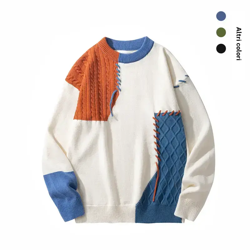 Men's Long Sleeve Retro Pullover Round Neck, Straight Tube, Neutral Wallet Style, College Casual, Dopamine Color Splicing Soft Patchwork Casual Knitwear Essential Menswear Top