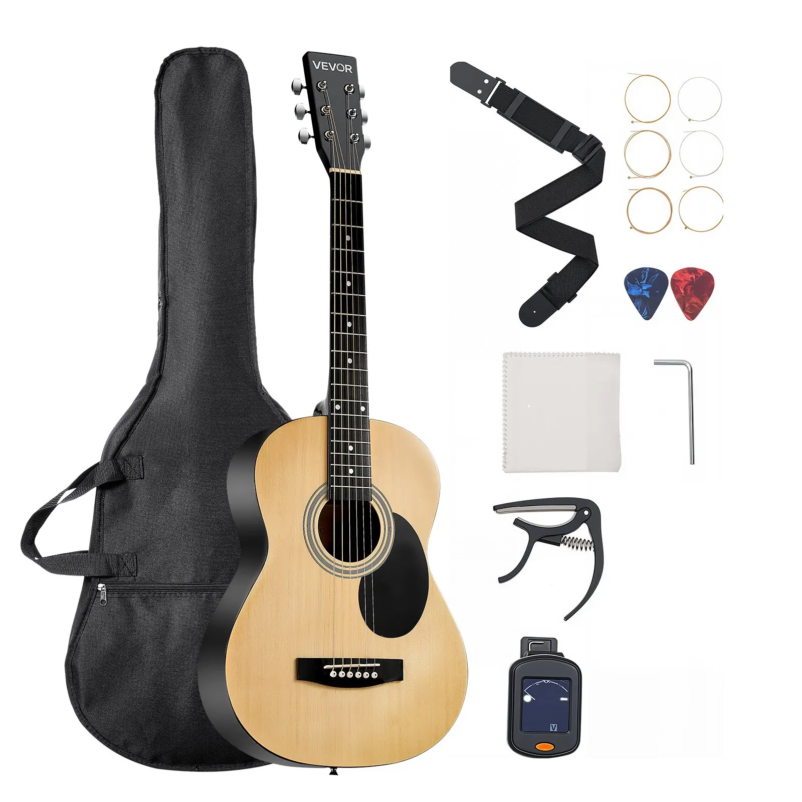 【DealsForYouDays】VEVOR 36in Dreadnought Acoustic Guitar, 6-String Natural Solid Top with Rosewood Fingerboard, Easy Full Bundle for Beginners (Gig Bag, Tuner, Strap, Steel Strings, Picks, Capo) - Portable for Small Hands, Acoustic Play