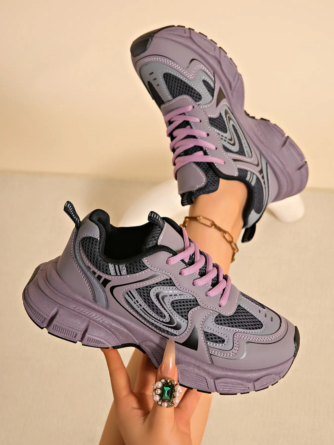 Women's Colorblock PU Casual Shoes, Thick Sole Breathable Mesh Sneakers, All-Season Lightweight Rubber Soles, Daily Wear Sporty Footwear