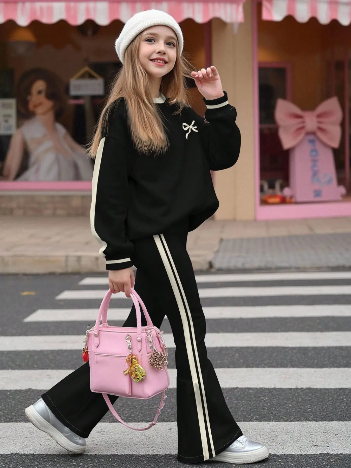 Girls' Bow Sweatshirt and Bell Bottoms Set, Korean Minimalist Style, Top with Stripes, Fall & Winter