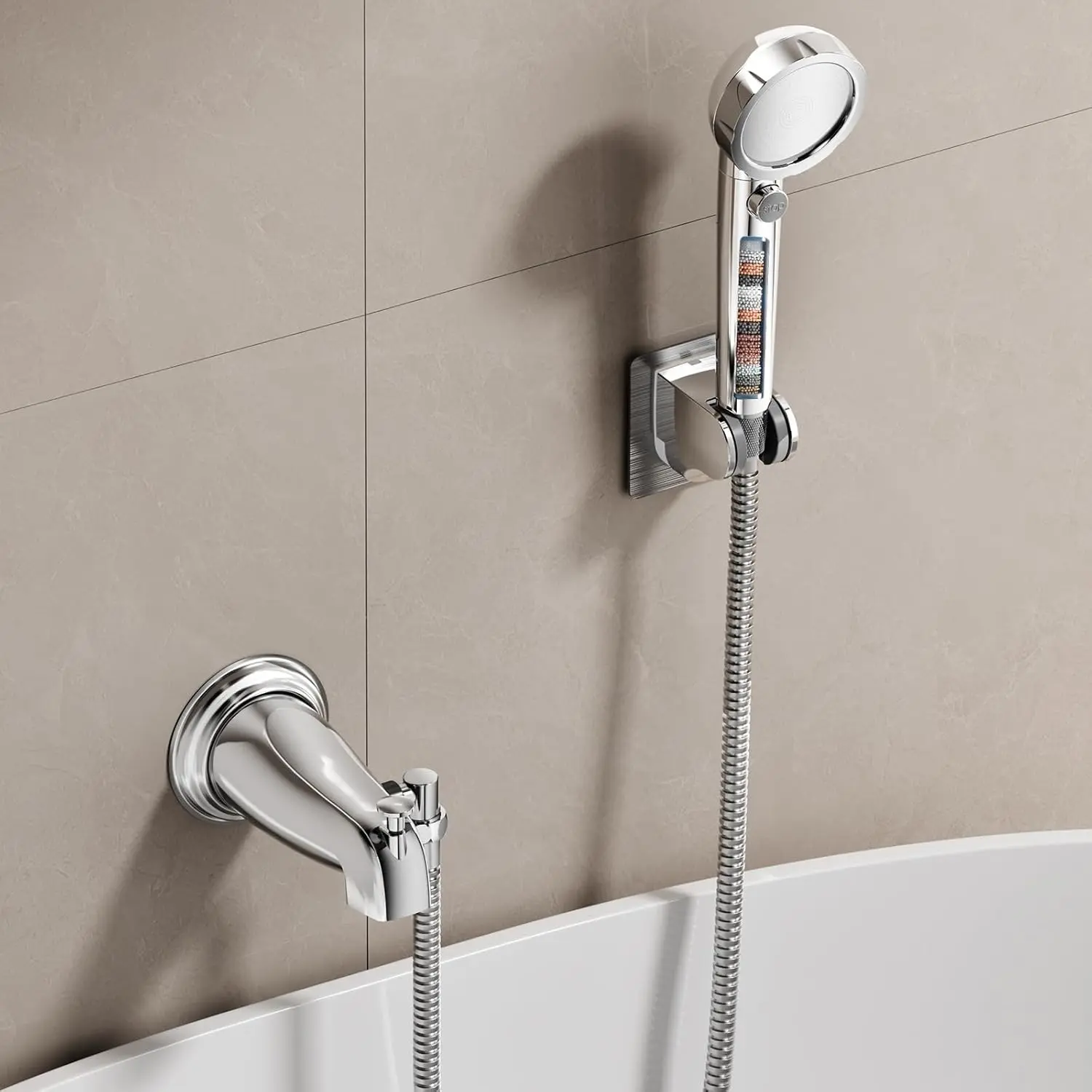 Bathtub Faucet with Sprayer, Metal Tub Tap with Sprayer (Chrome) | Filtered Shower Head Attaches to Tub Faucet, Bathtub Shower Attachment with 3 Adapters, 3-Mode Shower Head with ON/OFF Button