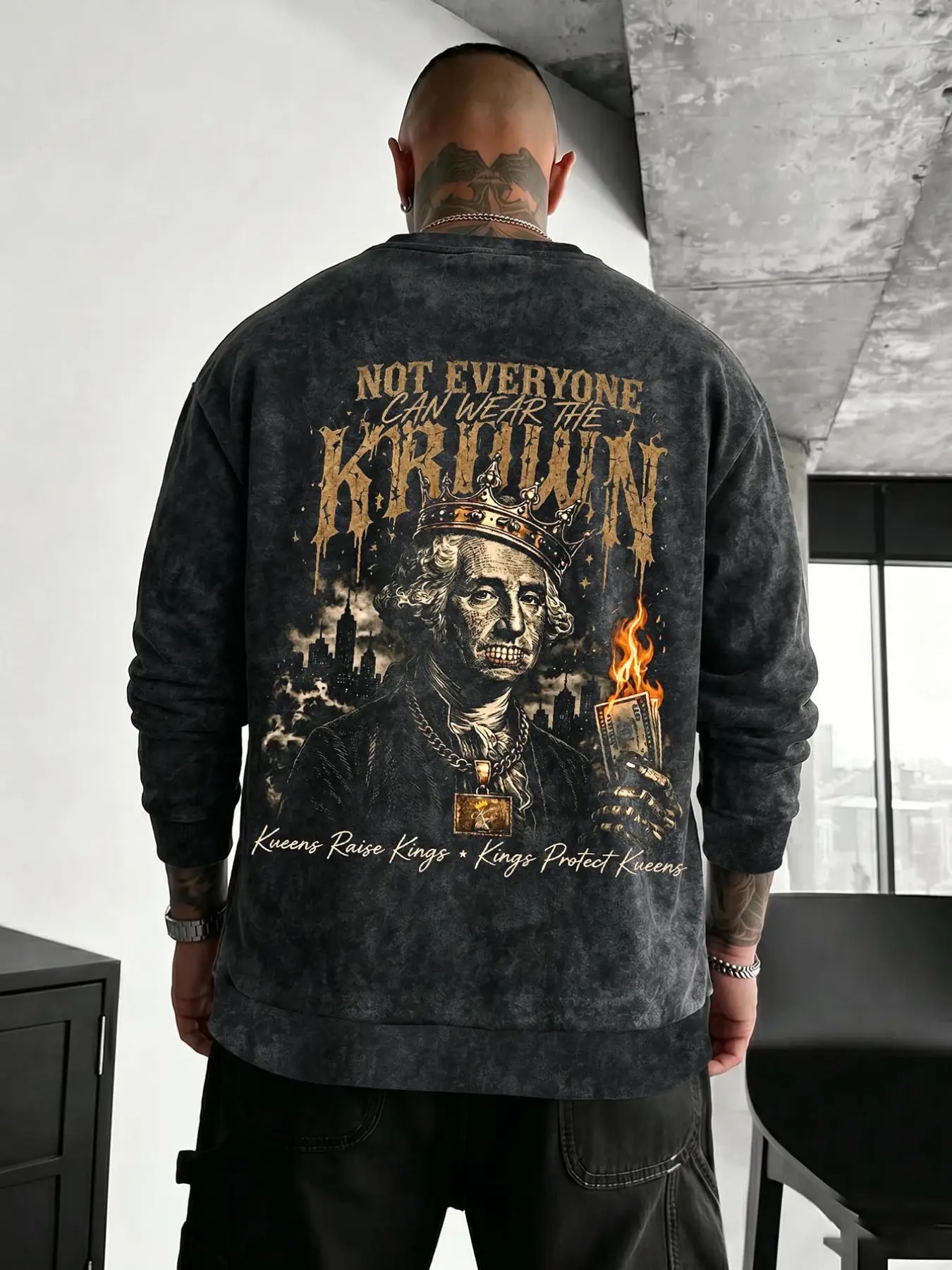 Spring Fall Casual Men's Sweatshirt, Crown Washington Figure Flame Print, Classic Large Size Round Neck, Comfortable Leisure Wear