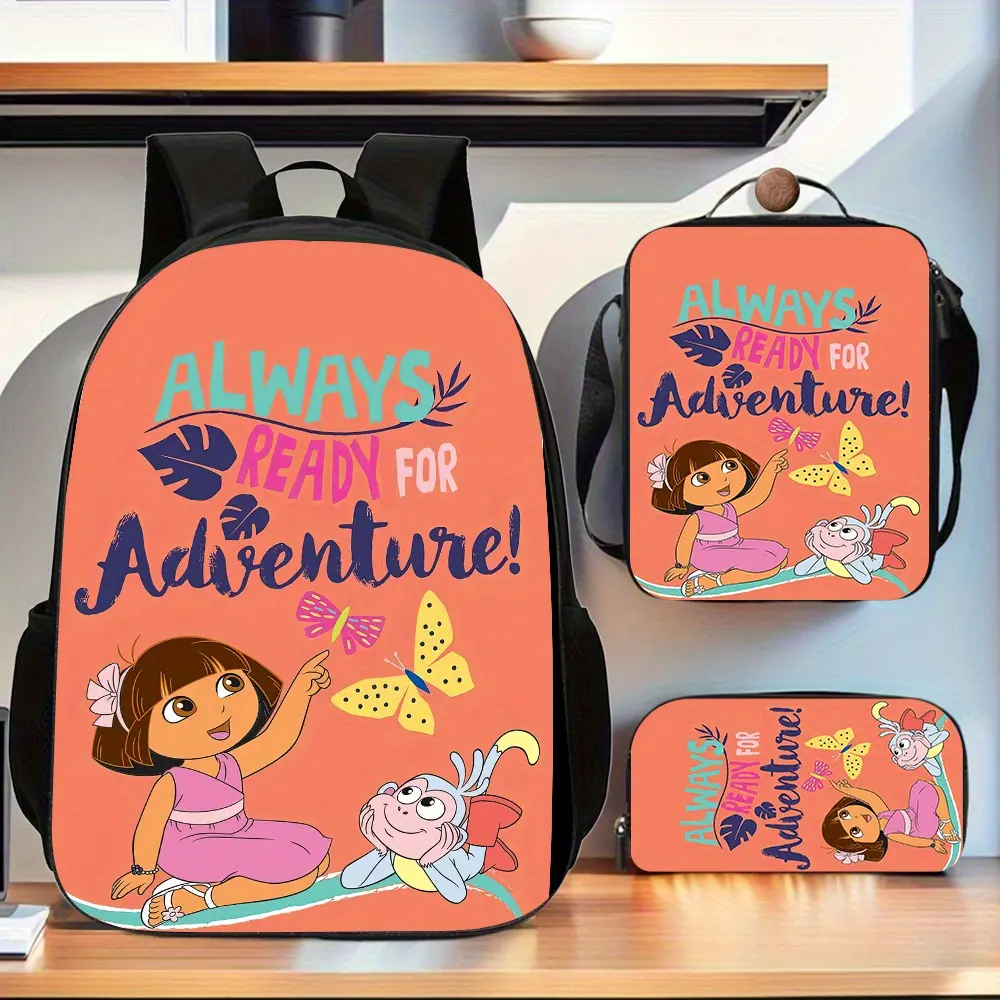 3pcs Retro Unisex Child-Sized Dora Multi-Function Wheelless Backpack Set - Polyester Chic Kids' Bag with Lunch Bag, Pencil Case, Built-In Organizer, Adjustable Straps, Double Zippers, Ideal for Back to School Haul, Campus Life, Note: Do Not Wash, Friend,,