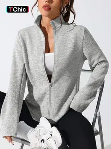 Women's Zipper Jacket, Long Sleeves, Stand Collar Design, Casual Sporty Style, Loose-Fitting Outerwear for Fall & Winter, Daily Wear
