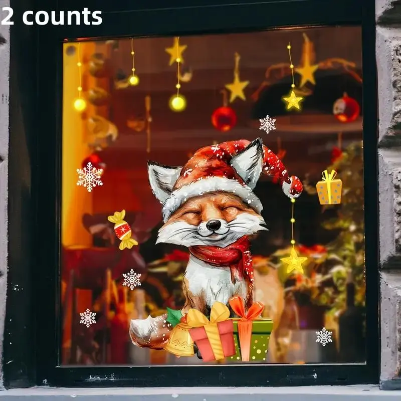 2 Counts Christmas fox with snowflakes and yellow stars, holiday window stickers, PVC self-adhesive double-sided printing, reusable holiday decoration, used for home, office, bedroom, living room, balcony, shop window decoration, matte finish.