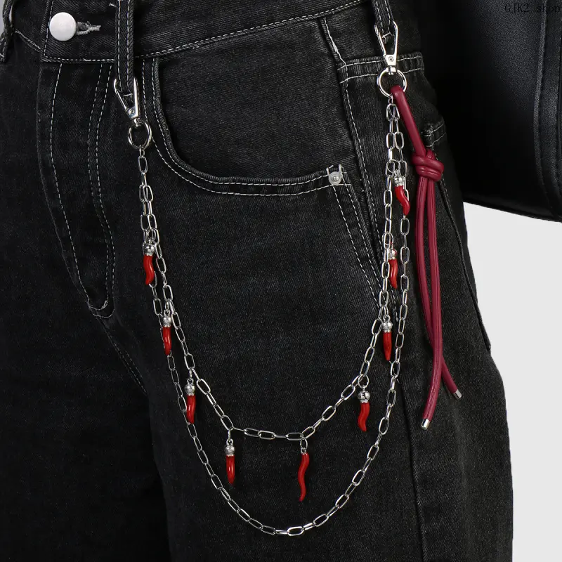 Red Fruit & Chili Bag Charm, Double Layer Silver Chain Keychain Y2K Backpack Pendant